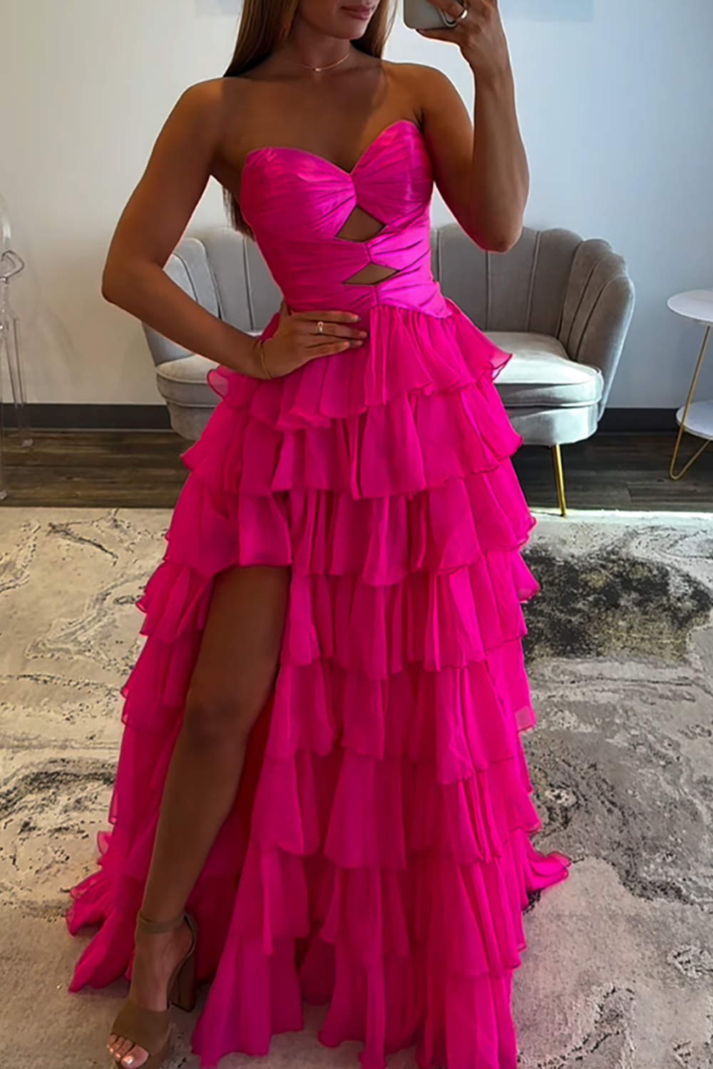 Strapless Sweetheart Cut-Out Tiered Ruffle Chiffon A-Line Prom Dress Lace-Up Back Floor Length