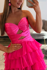 Strapless Sweetheart Cut-Out Tiered Ruffle Chiffon A-Line Prom Dress Lace-Up Back Floor Length
