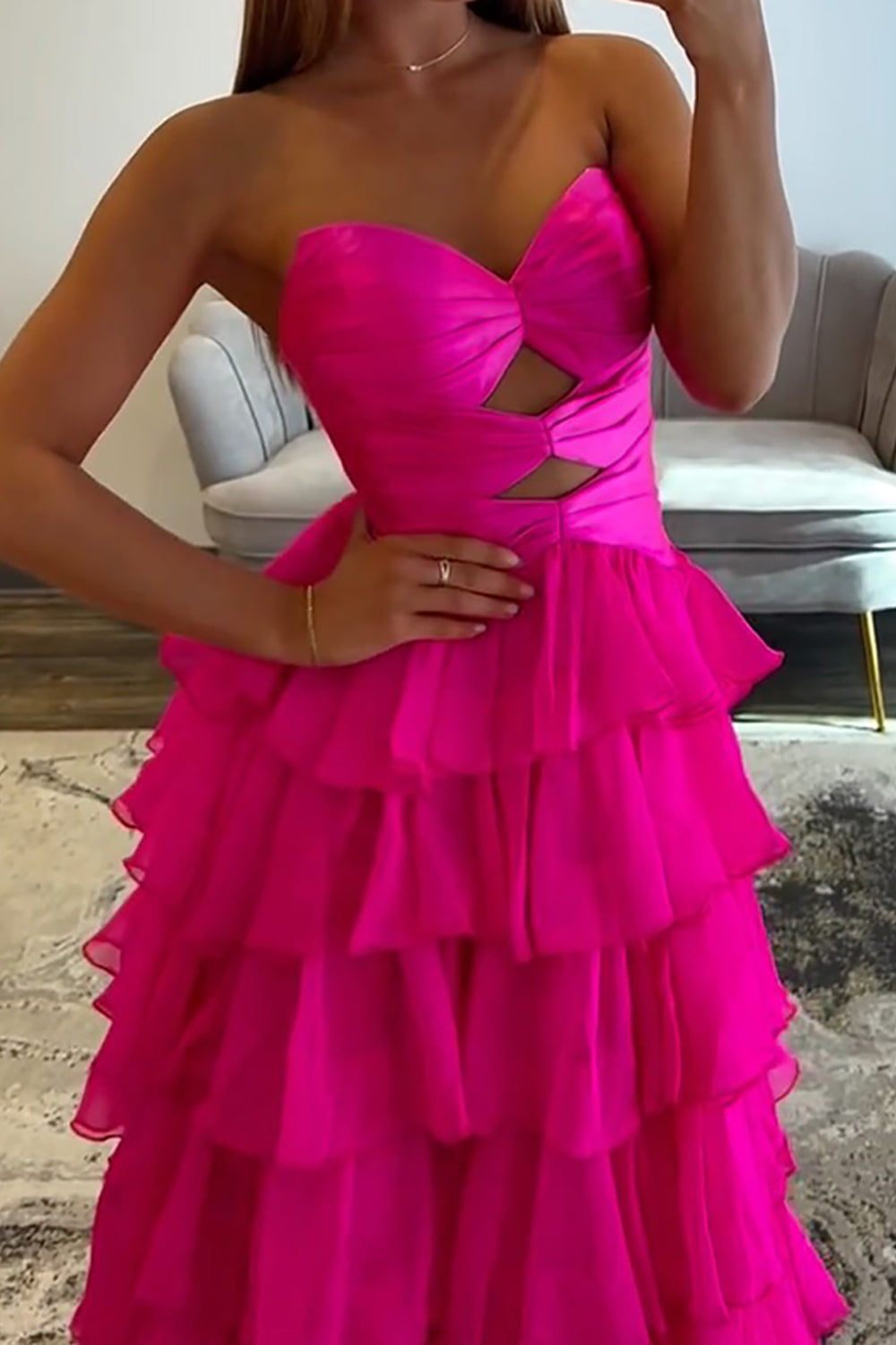 Strapless Sweetheart Cut-Out Tiered Ruffle Chiffon A-Line Prom Dress Lace-Up Back Floor Length
