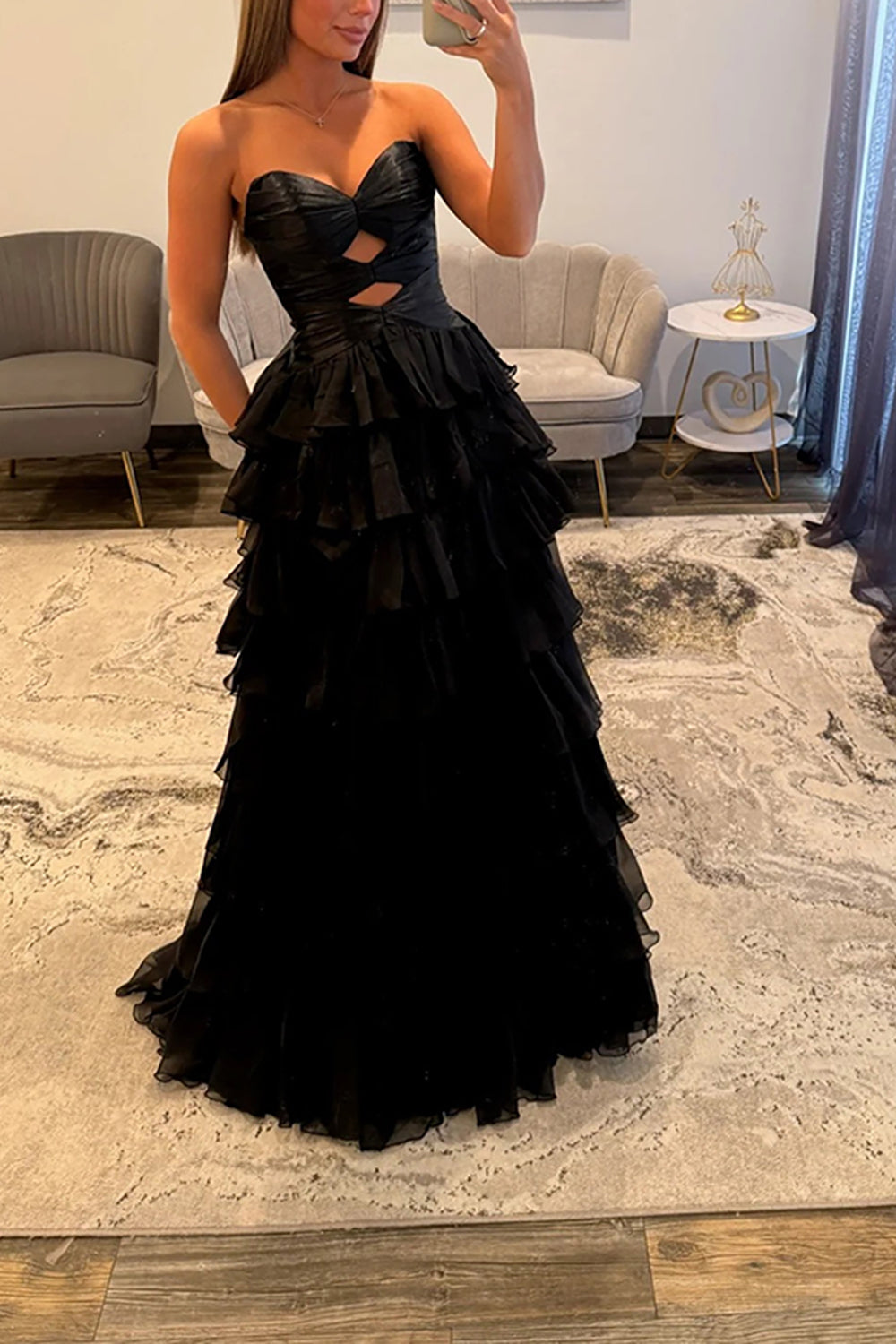 Strapless Sweetheart Cut-Out Tiered Ruffle Chiffon A-Line Prom Dress Lace-Up Back Floor Length