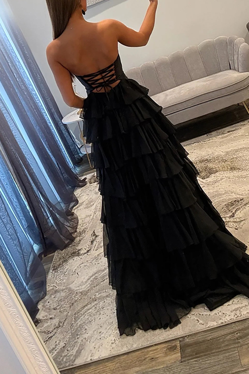 Strapless Sweetheart Cut-Out Tiered Ruffle Chiffon A-Line Prom Dress Lace-Up Back Floor Length