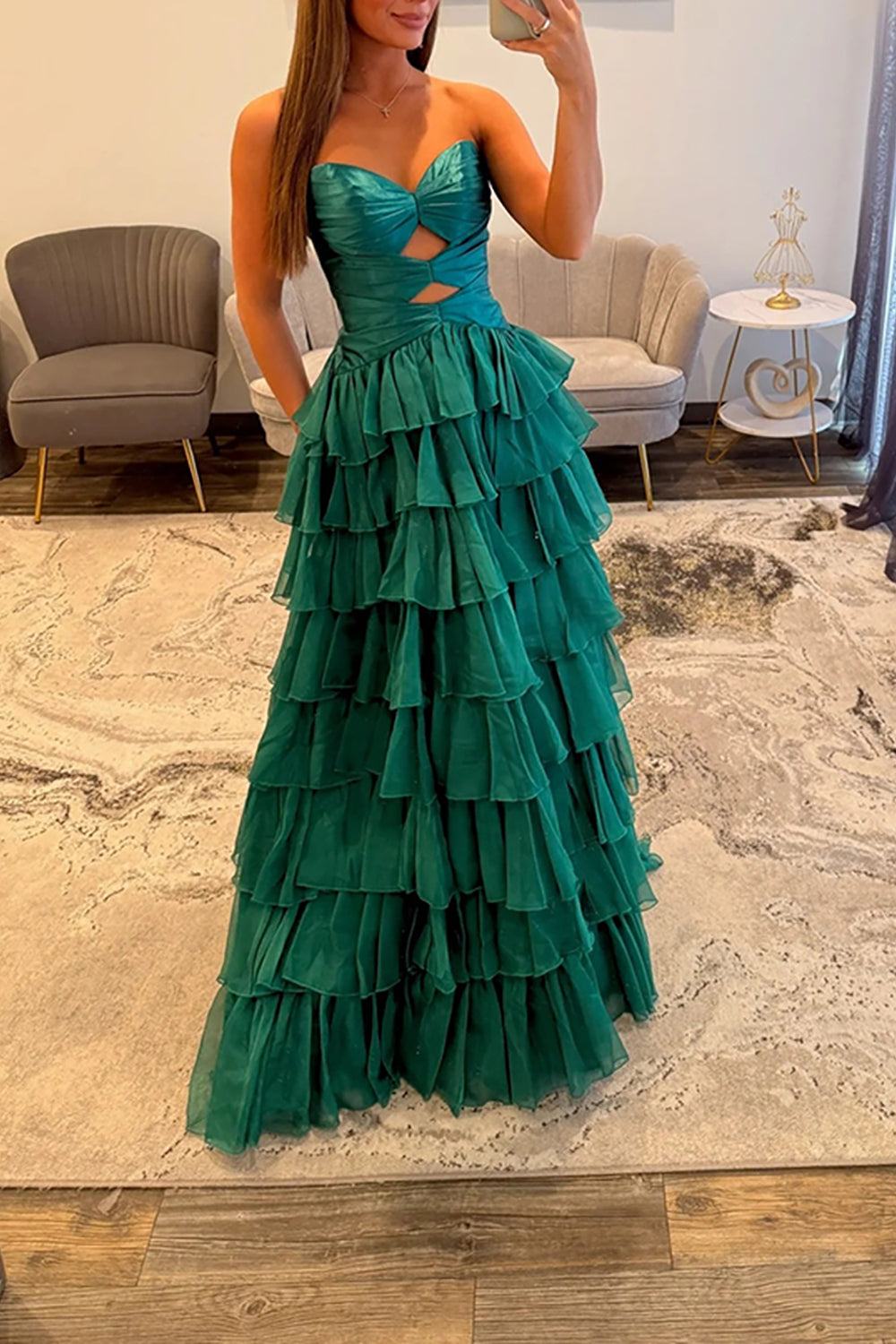 Strapless Sweetheart Cut-Out Tiered Ruffle Chiffon A-Line Prom Dress Lace-Up Back Floor Length