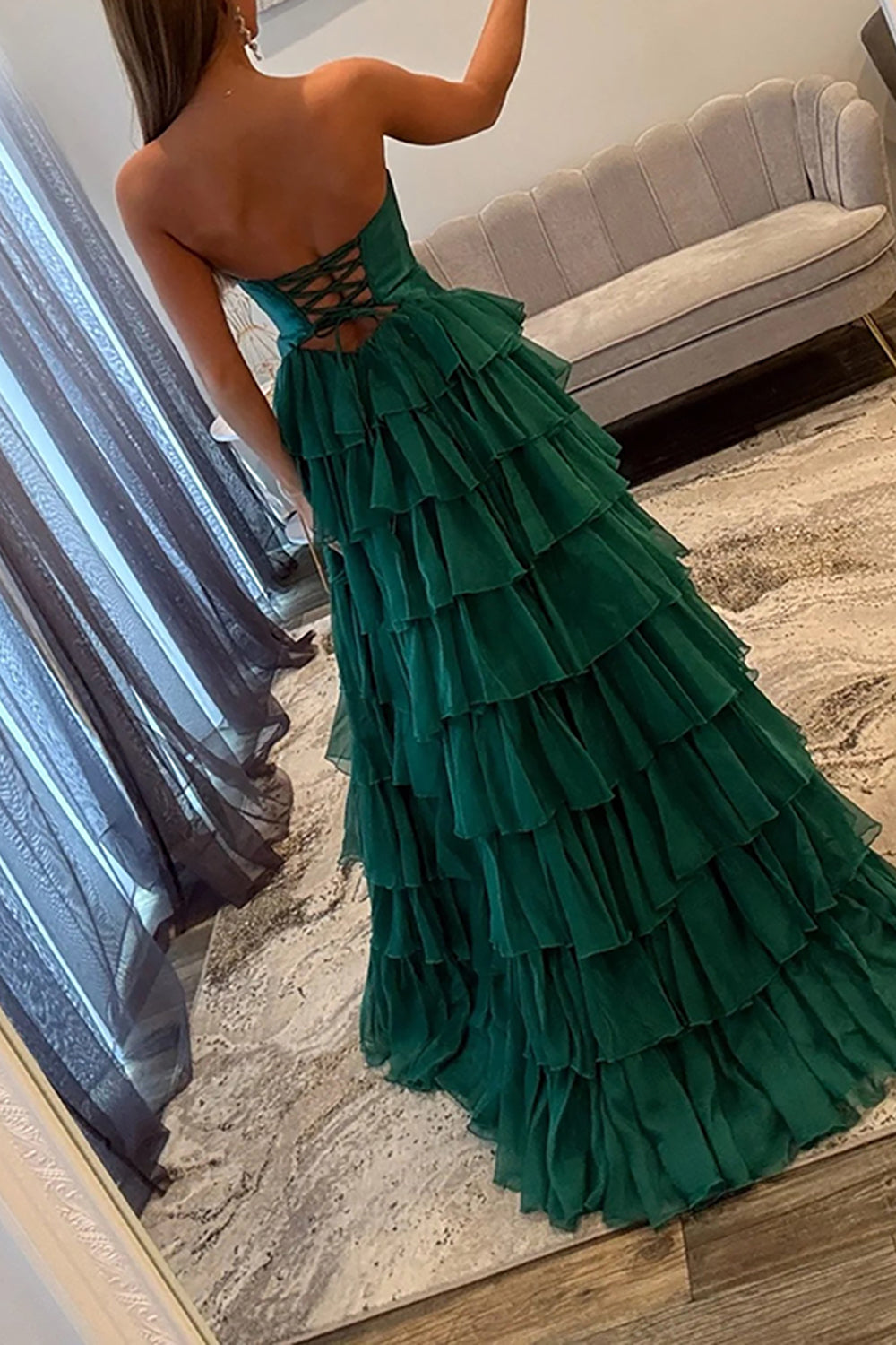 Strapless Sweetheart Cut-Out Tiered Ruffle Chiffon A-Line Prom Dress Lace-Up Back Floor Length