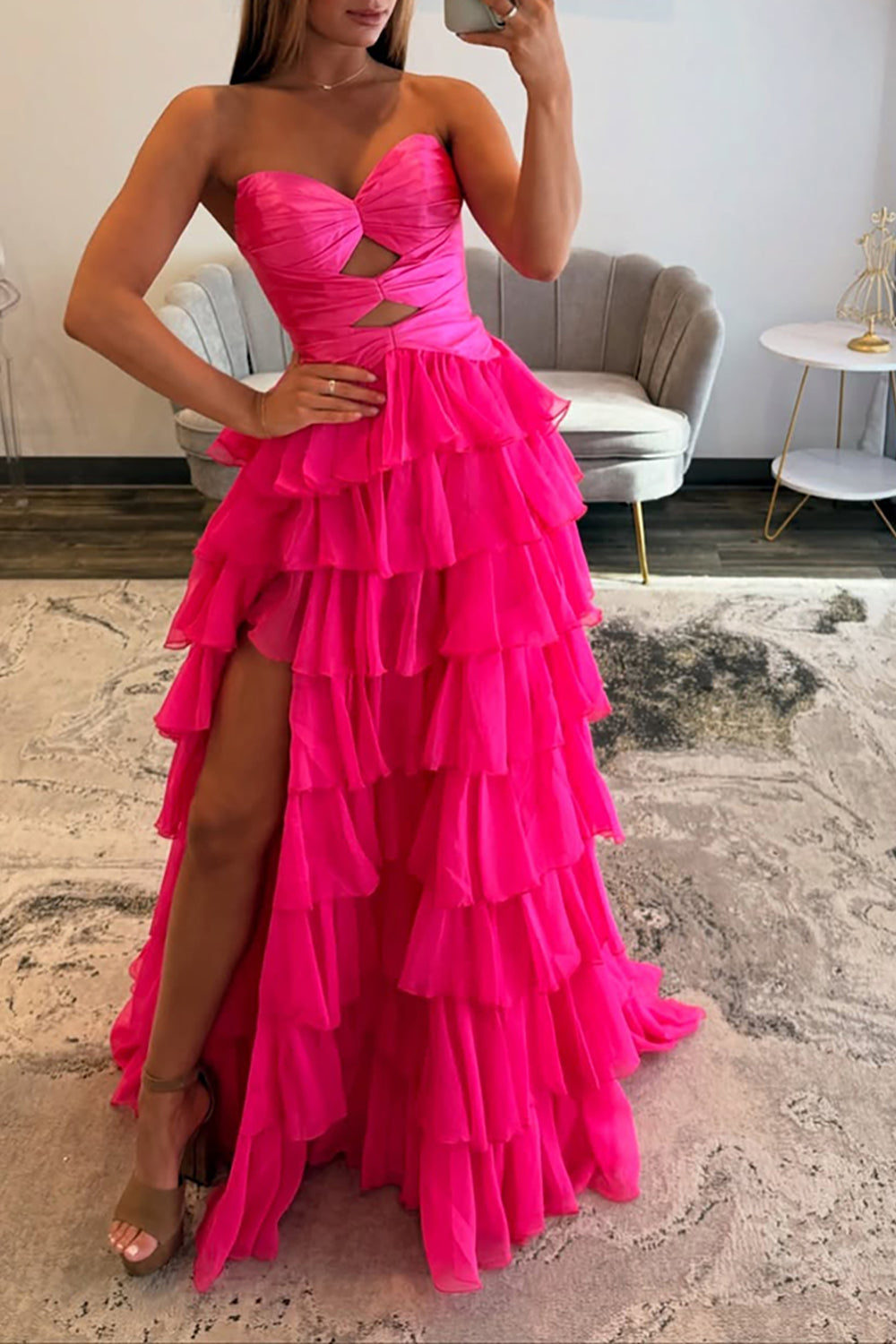 Strapless Sweetheart Cut-Out Tiered Ruffle Chiffon A-Line Prom Dress Lace-Up Back Floor Length