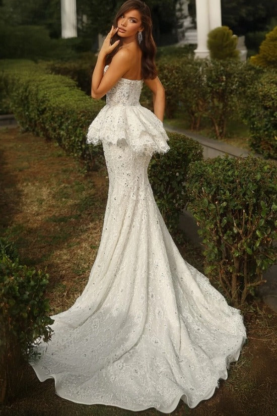 Strapless Sweetheart Dense Crystal Vine Illusion Corset Crystal Waist Double-Tier Scalloped Lace Peplum All-Over Sequin Lace Mermaid Wedding Dress Chapel Train
