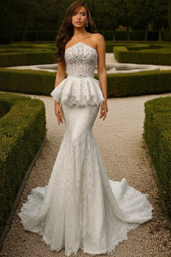 Strapless Sweetheart Dense Crystal Vine Illusion Corset Crystal Waist Double-Tier Scalloped Lace Peplum All-Over Sequin Lace Mermaid Wedding Dress Chapel Train