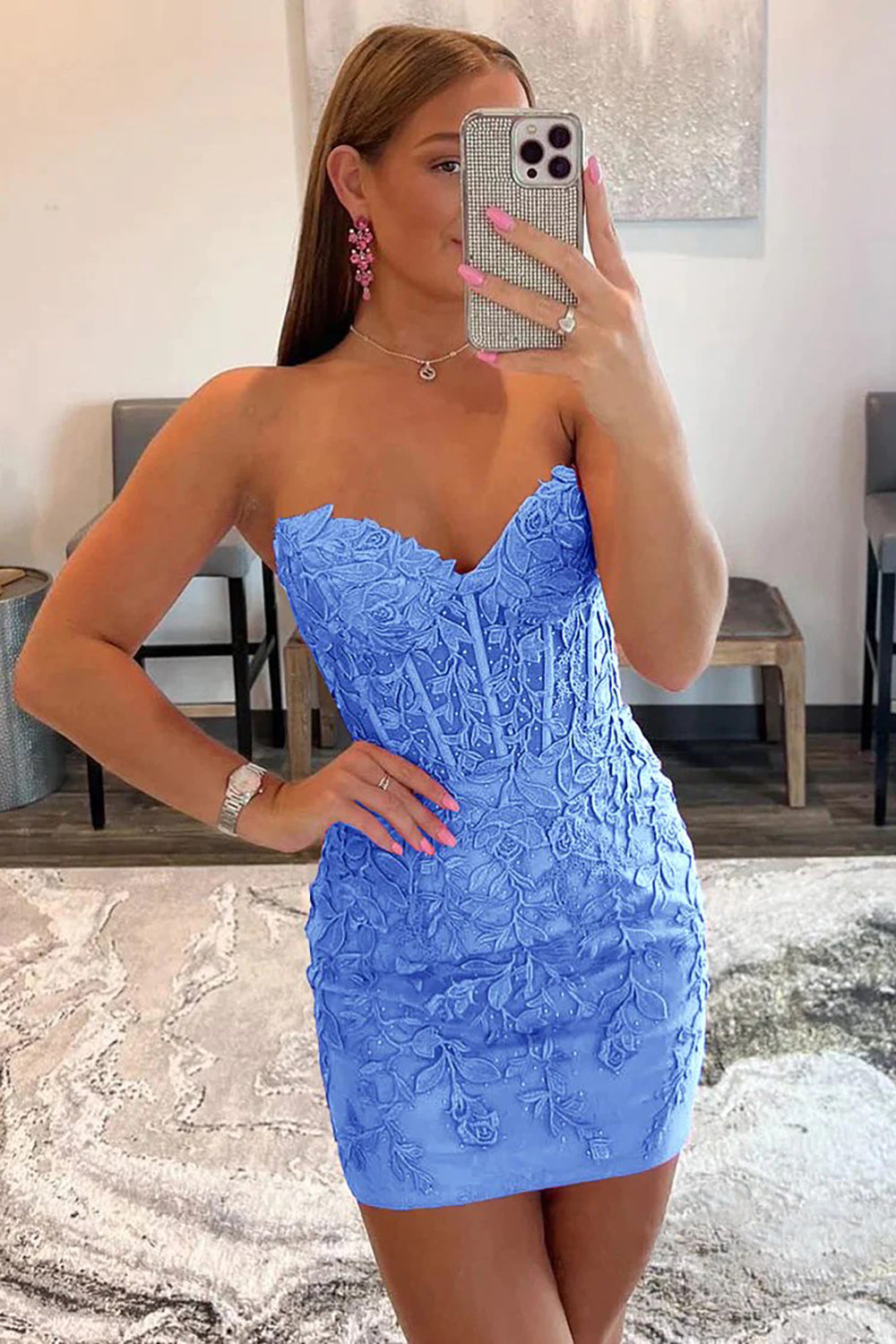 Blue sweetheart applique bodycon homecoming dress