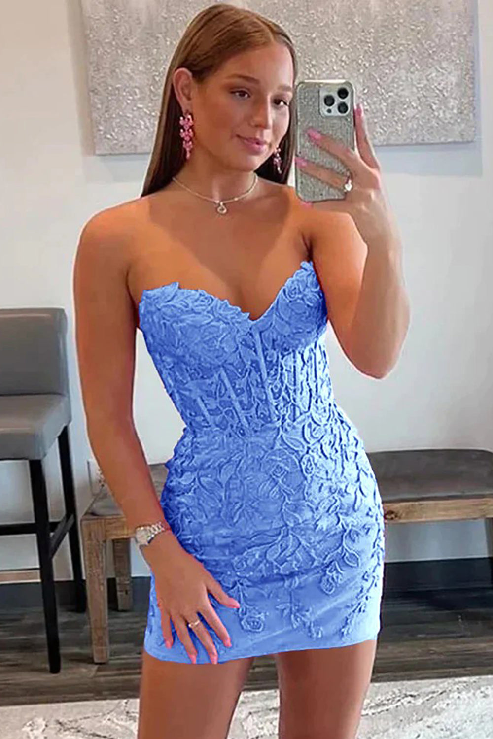 Blue sweetheart applique bodycon homecoming dress