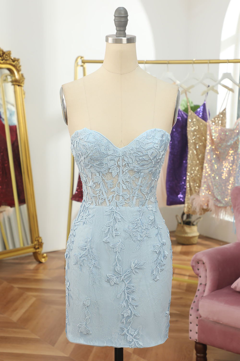 Light blue sweetheart applique bodycon homecoming dress