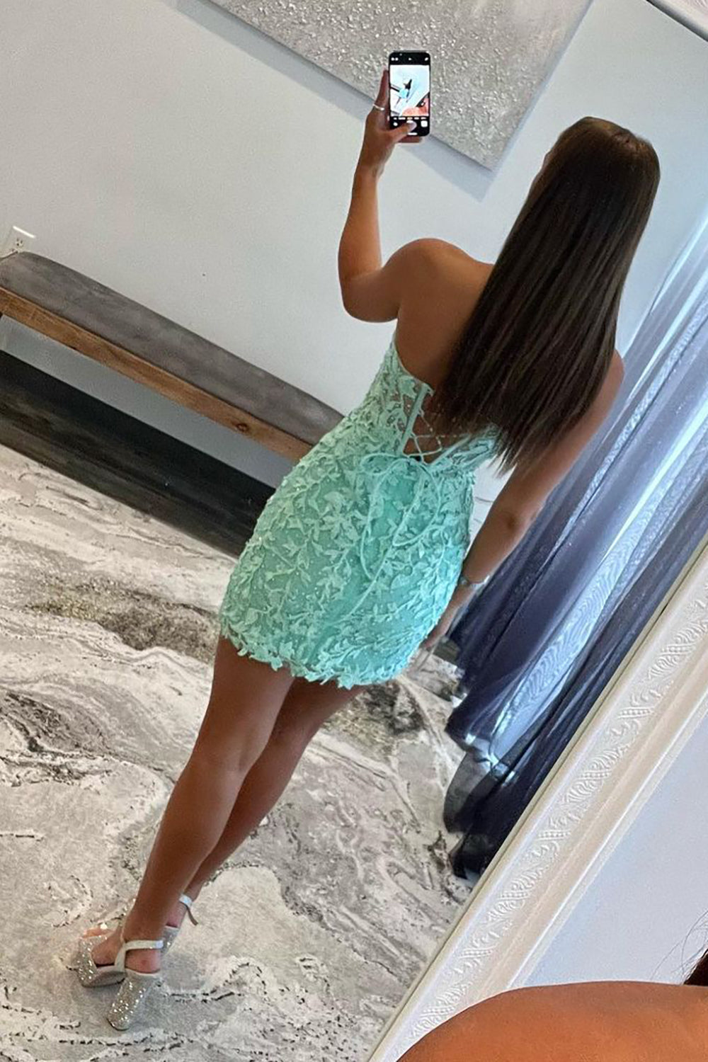 Strapless Sweetheart Floral Rose Lace Applique Rhinestone Scatter Illusion Corset Bodice Lace-Up Open Back Bodycon Homecoming Dress Mini
