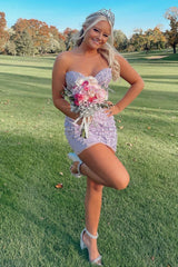 Strapless Sweetheart Floral Rose Lace Applique Rhinestone Scatter Illusion Corset Bodice Lace-Up Open Back Bodycon Homecoming Dress Mini