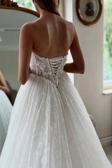 Strapless Sweetheart Fully Sheer Illusion Boned Corset 3D Floral Crystal Vine Iridescent Glitter Tulle A-Line Wedding Dress Chapel Train