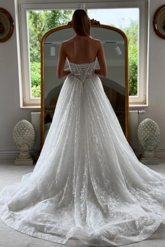 Strapless Sweetheart Fully Sheer Illusion Boned Corset 3D Floral Crystal Vine Iridescent Glitter Tulle A-Line Wedding Dress Chapel Train