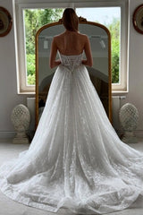 Strapless Sweetheart Fully Sheer Illusion Boned Corset 3D Floral Crystal Vine Iridescent Glitter Tulle A-Line Wedding Dress Chapel Train
