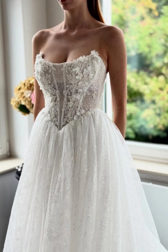 Strapless Sweetheart Fully Sheer Illusion Boned Corset 3D Floral Crystal Vine Iridescent Glitter Tulle A-Line Wedding Dress Chapel Train
