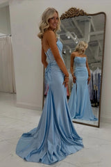 Strapless Sweetheart Illusion Lace Corset Beading Ruched Mermaid Prom Dress Side Slit Floor Length