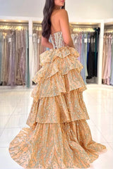 Strapless Sweetheart Illusion Visible Boning Ultra-Dense Crystal Bead Corset Gold Glitter Floral Print Multi-Tier Ruffle Tulle A-Line Prom Dress