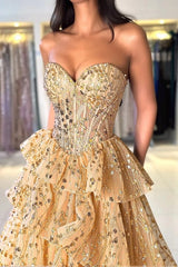 Strapless Sweetheart Illusion Visible Boning Ultra-Dense Crystal Bead Corset Gold Glitter Floral Print Multi-Tier Ruffle Tulle A-Line Prom Dress