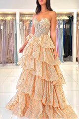 Strapless Sweetheart Illusion Visible Boning Ultra-Dense Crystal Bead Corset Gold Glitter Floral Print Multi-Tier Ruffle Tulle A-Line Prom Dress