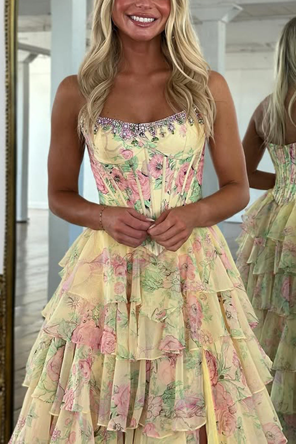 Strapless Sweetheart Rhinestone Beading Floral Print Illusion Corset Tiered Ruffle Chiffon A-Line Prom Dress Side Slit Floor Length