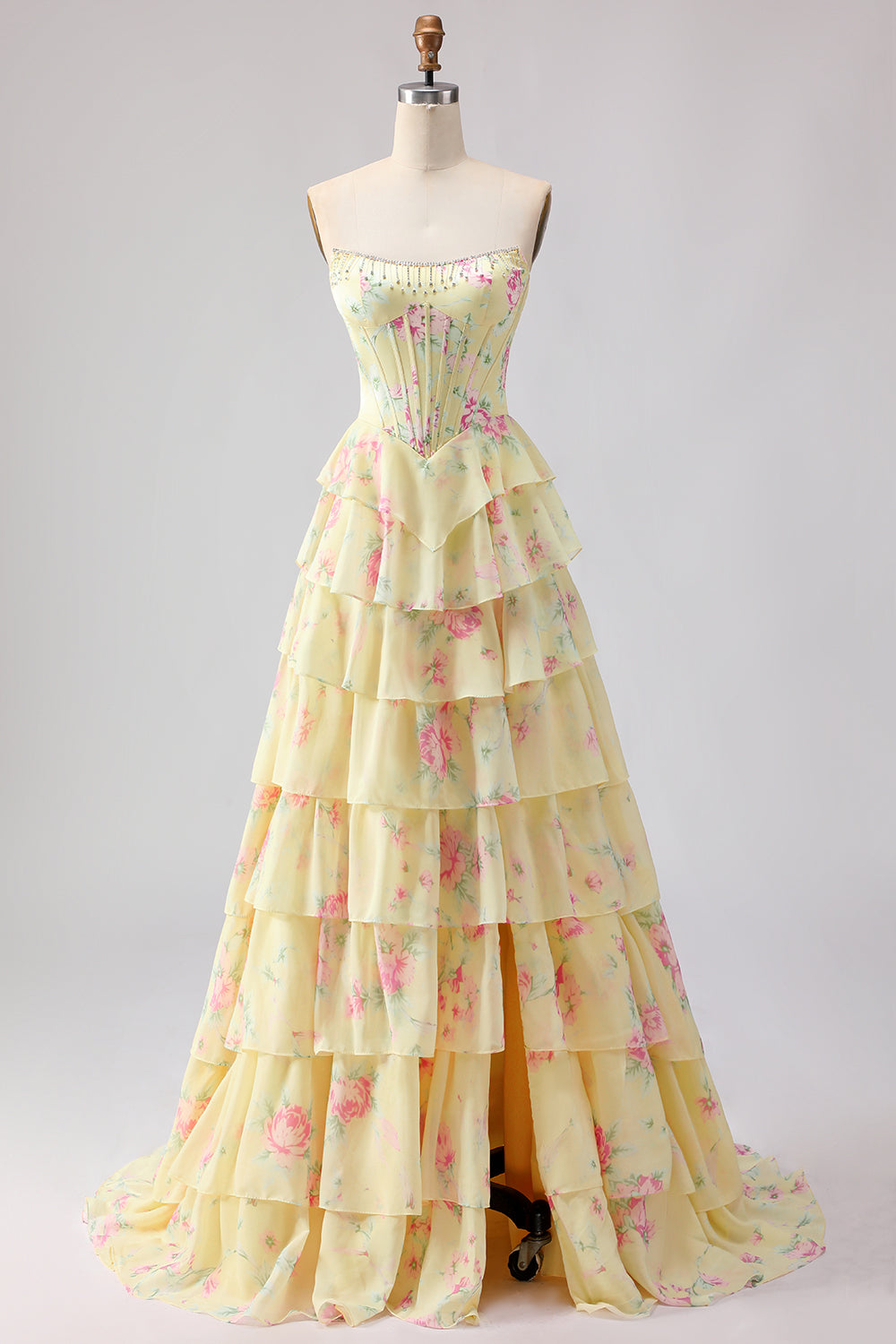 Strapless Sweetheart Rhinestone Beading Floral Print Illusion Corset Tiered Ruffle Chiffon A-Line Prom Dress Side Slit Floor Length