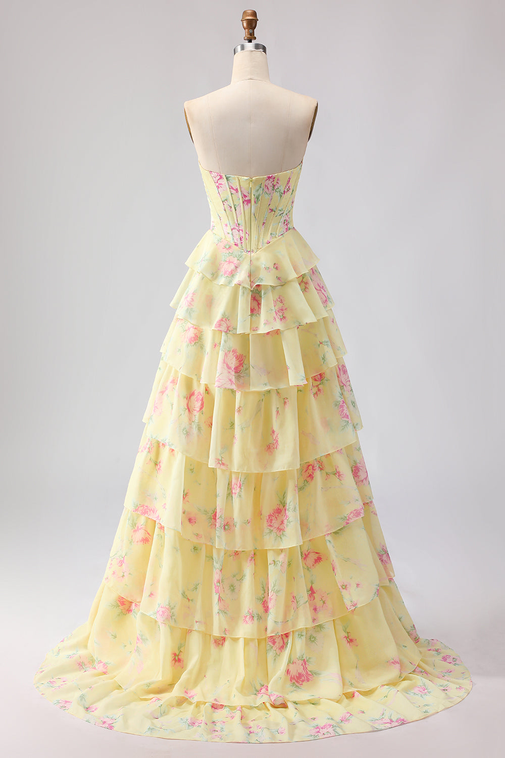 Strapless Sweetheart Rhinestone Beading Floral Print Illusion Corset Tiered Ruffle Chiffon A-Line Prom Dress Side Slit Floor Length