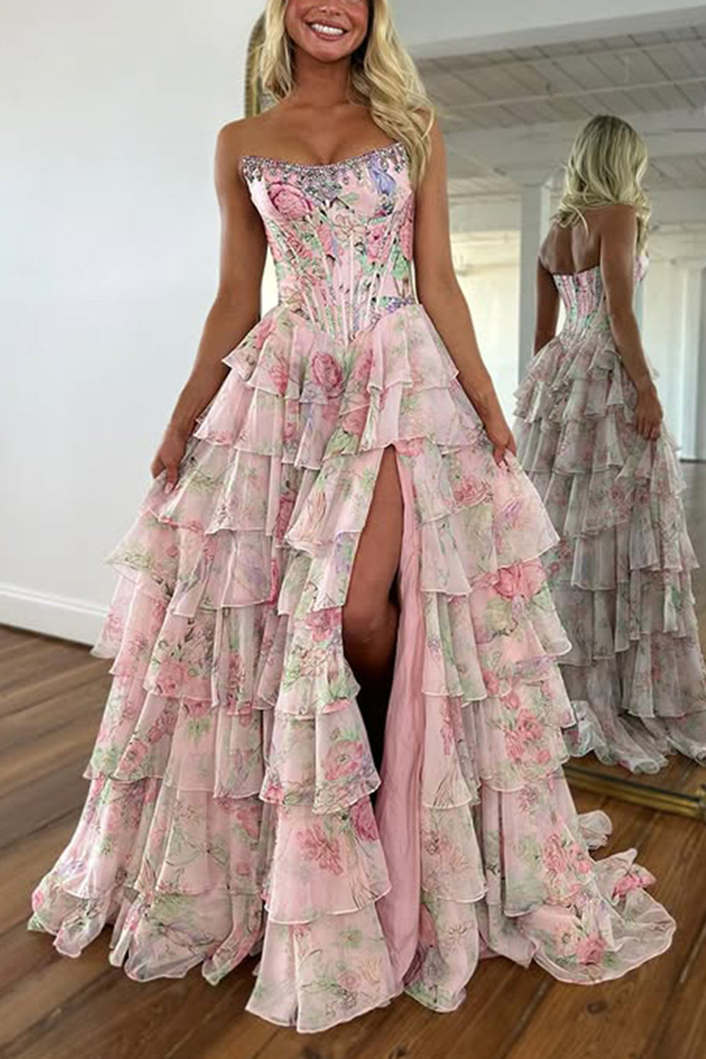Strapless Sweetheart Rhinestone Beading Floral Print Illusion Corset Tiered Ruffle Chiffon A-Line Prom Dress Side Slit Floor Length