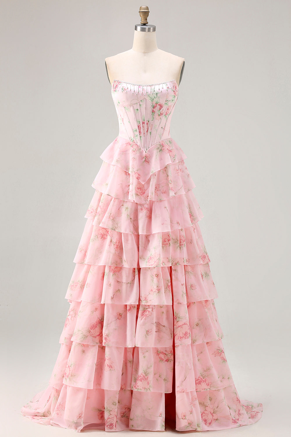 Strapless Sweetheart Rhinestone Beading Floral Print Illusion Corset Tiered Ruffle Chiffon A-Line Prom Dress Side Slit Floor Length