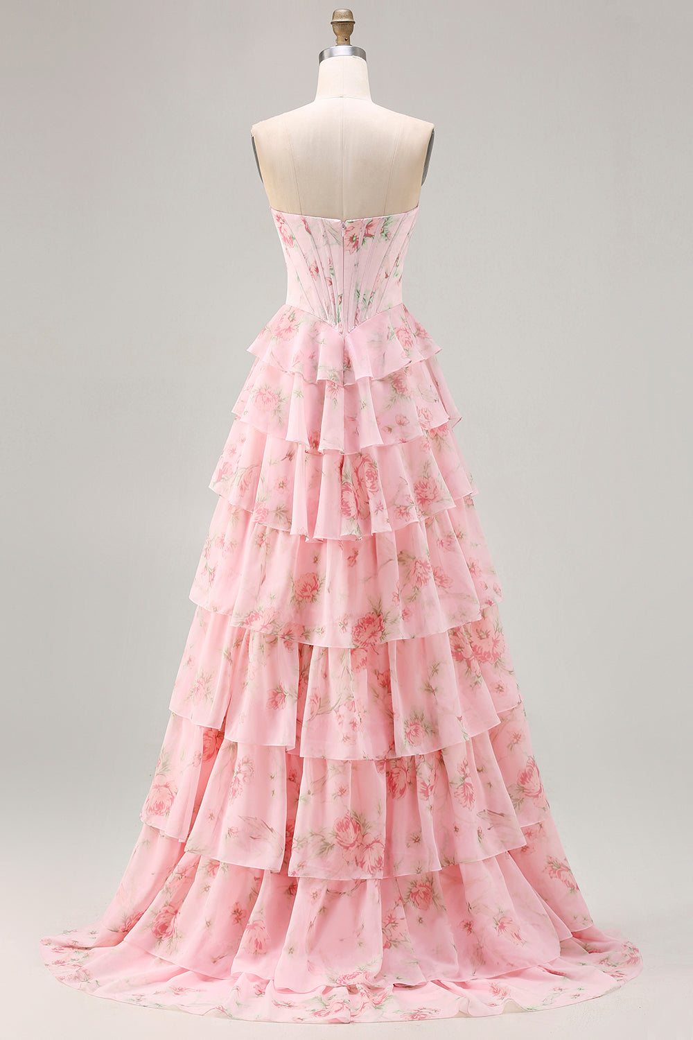 Strapless Sweetheart Rhinestone Beading Floral Print Illusion Corset Tiered Ruffle Chiffon A-Line Prom Dress Side Slit Floor Length