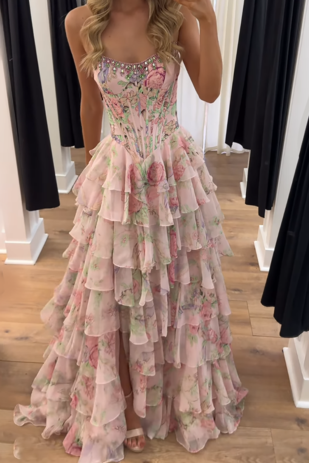Strapless Sweetheart Rhinestone Beading Floral Print Illusion Corset Tiered Ruffle Chiffon A-Line Prom Dress Side Slit Floor Length