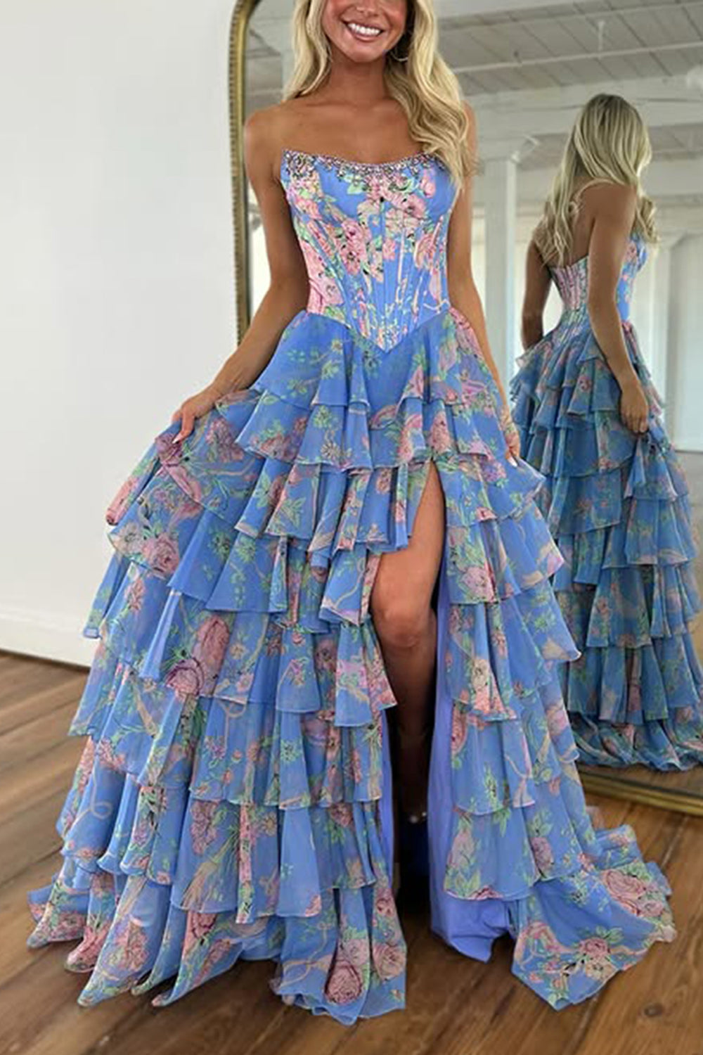 Strapless Sweetheart Rhinestone Beading Floral Print Illusion Corset Tiered Ruffle Chiffon A-Line Prom Dress Side Slit Floor Length