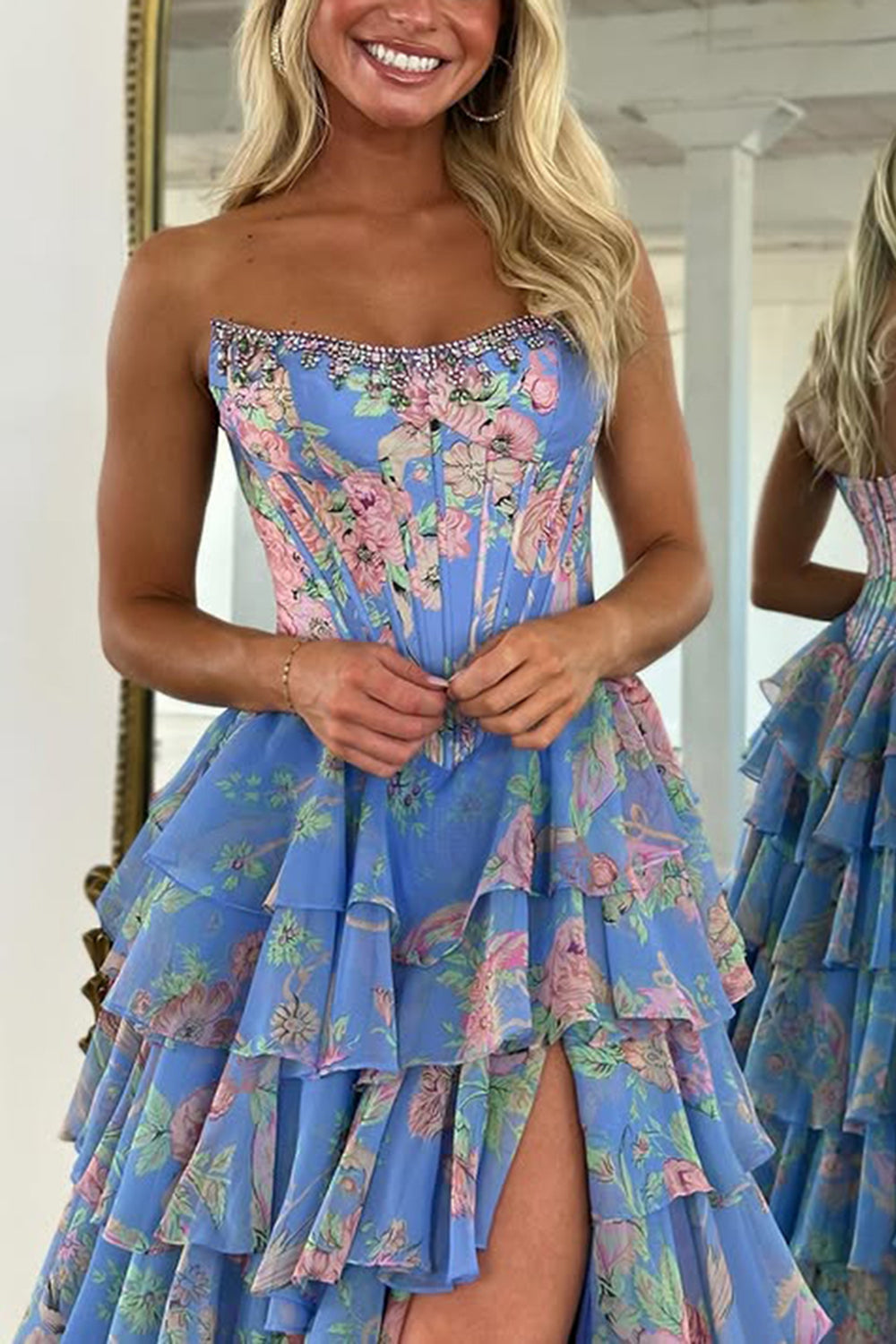 Strapless Sweetheart Rhinestone Beading Floral Print Illusion Corset Tiered Ruffle Chiffon A-Line Prom Dress Side Slit Floor Length