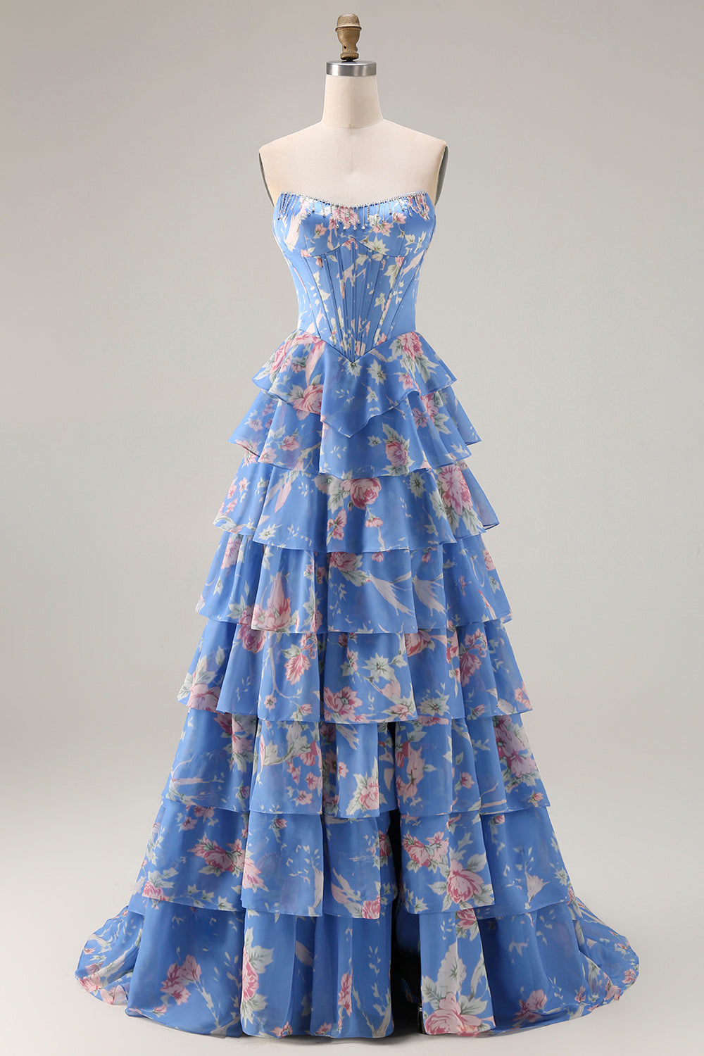 Strapless Sweetheart Rhinestone Beading Floral Print Illusion Corset Tiered Ruffle Chiffon A-Line Prom Dress Side Slit Floor Length