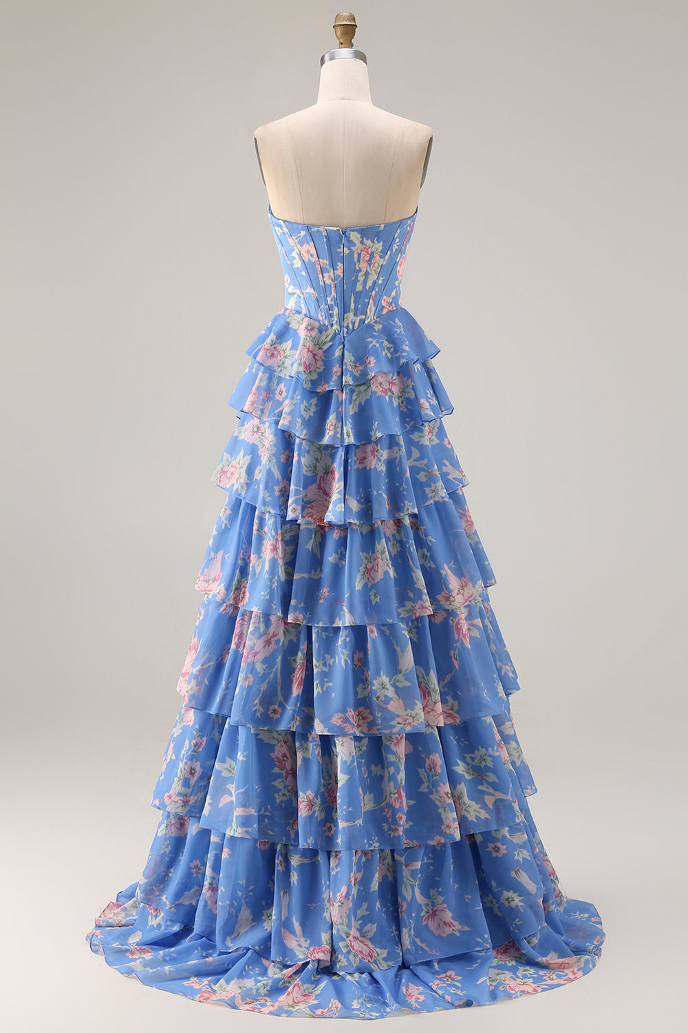 Strapless Sweetheart Rhinestone Beading Floral Print Illusion Corset Tiered Ruffle Chiffon A-Line Prom Dress Side Slit Floor Length