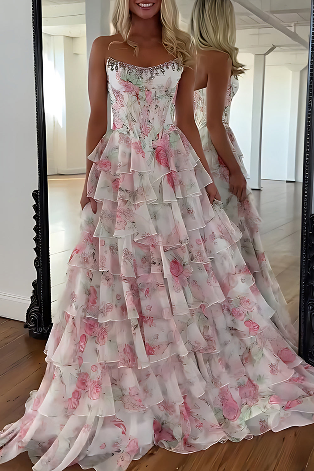 Strapless Sweetheart Rhinestone Beading Floral Print Illusion Corset Tiered Ruffle Chiffon A-Line Prom Dress Side Slit Floor Length