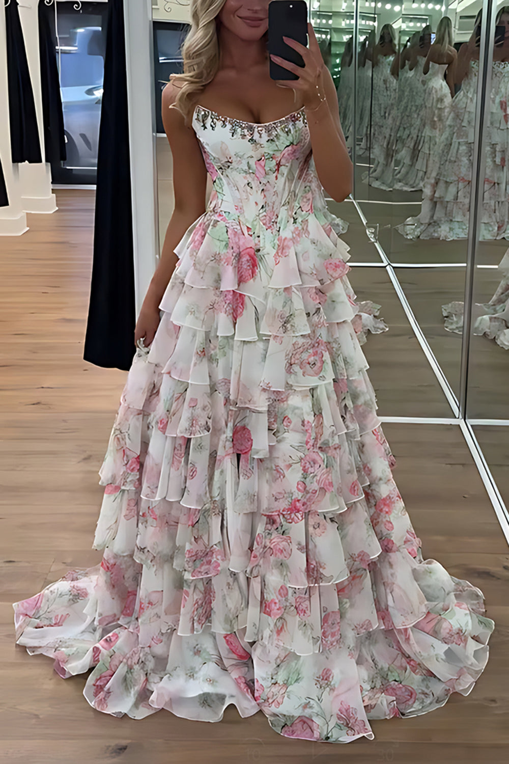 Strapless Sweetheart Rhinestone Beading Floral Print Illusion Corset Tiered Ruffle Chiffon A-Line Prom Dress Side Slit Floor Length