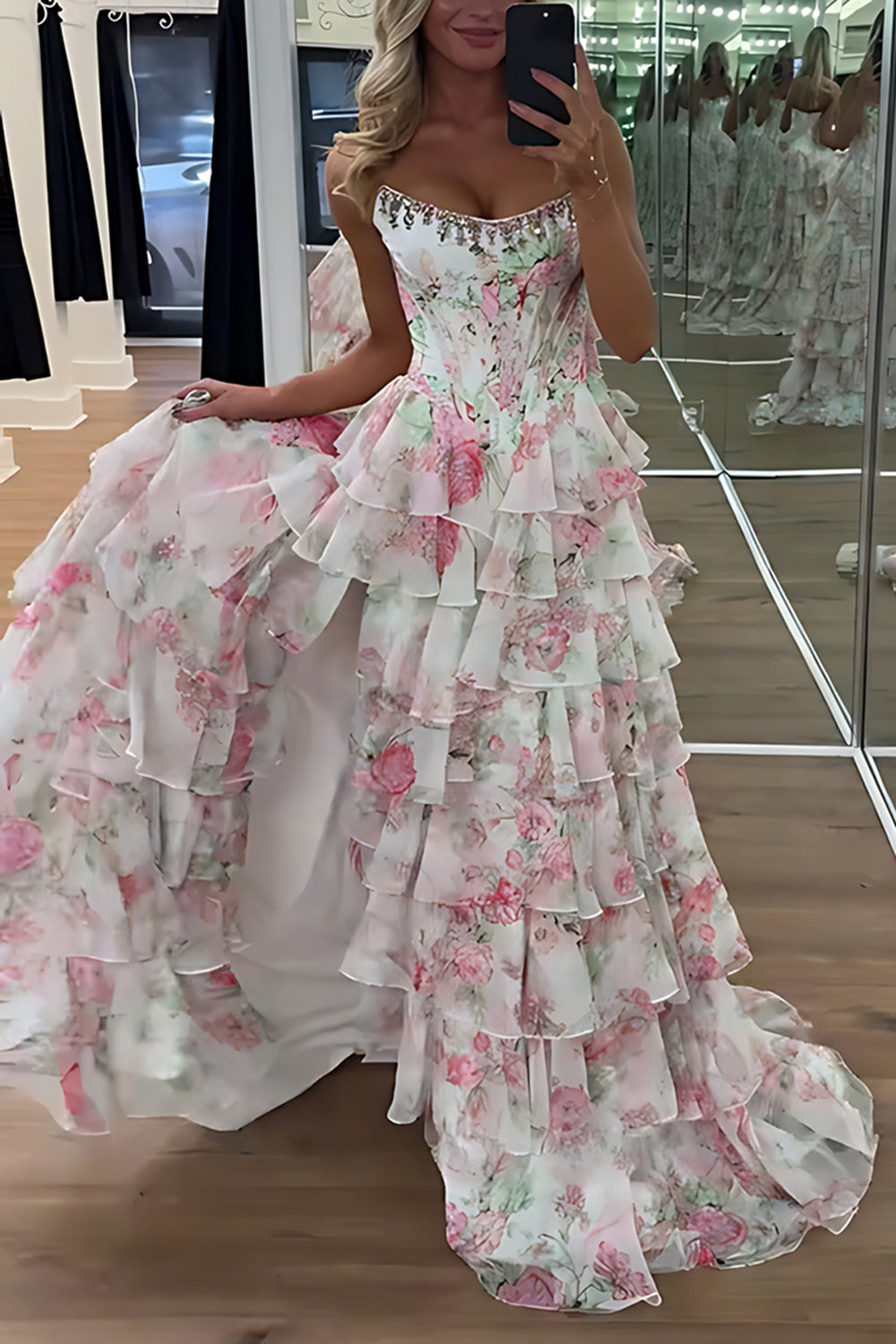 Strapless Sweetheart Rhinestone Beading Floral Print Illusion Corset Tiered Ruffle Chiffon A-Line Prom Dress Side Slit Floor Length