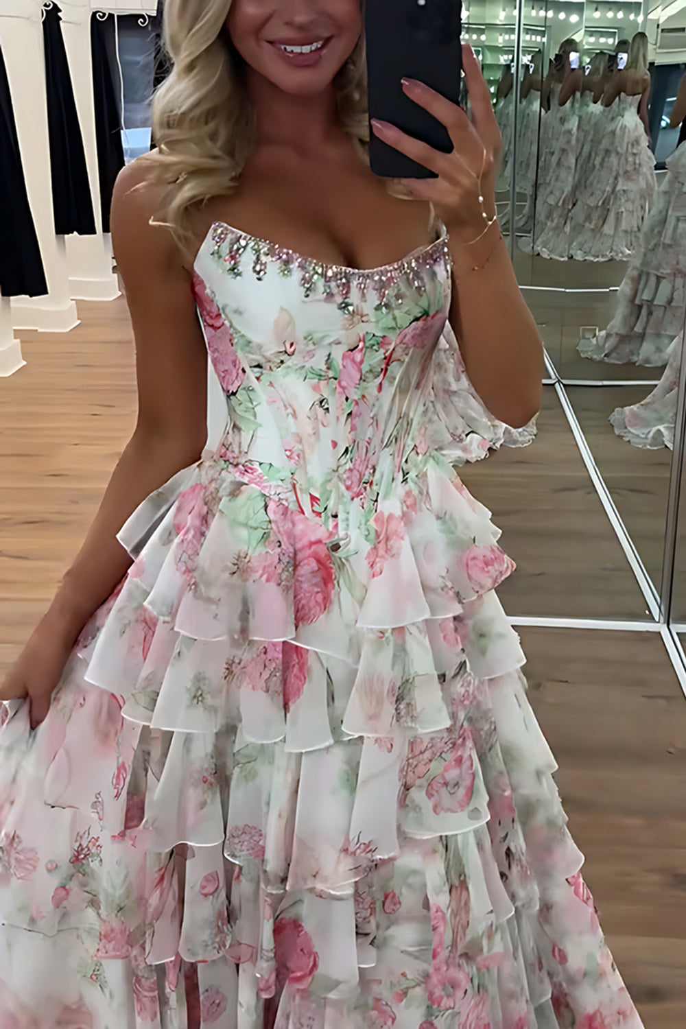 Strapless Sweetheart Rhinestone Beading Floral Print Illusion Corset Tiered Ruffle Chiffon A-Line Prom Dress Side Slit Floor Length