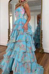 Strapless Sweetheart Rhinestone Beading Floral Print Illusion Corset Tiered Ruffle Chiffon A-Line Prom Dress Side Slit Floor Length