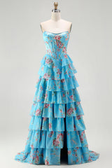 Strapless Sweetheart Rhinestone Beading Floral Print Illusion Corset Tiered Ruffle Chiffon A-Line Prom Dress Side Slit Floor Length