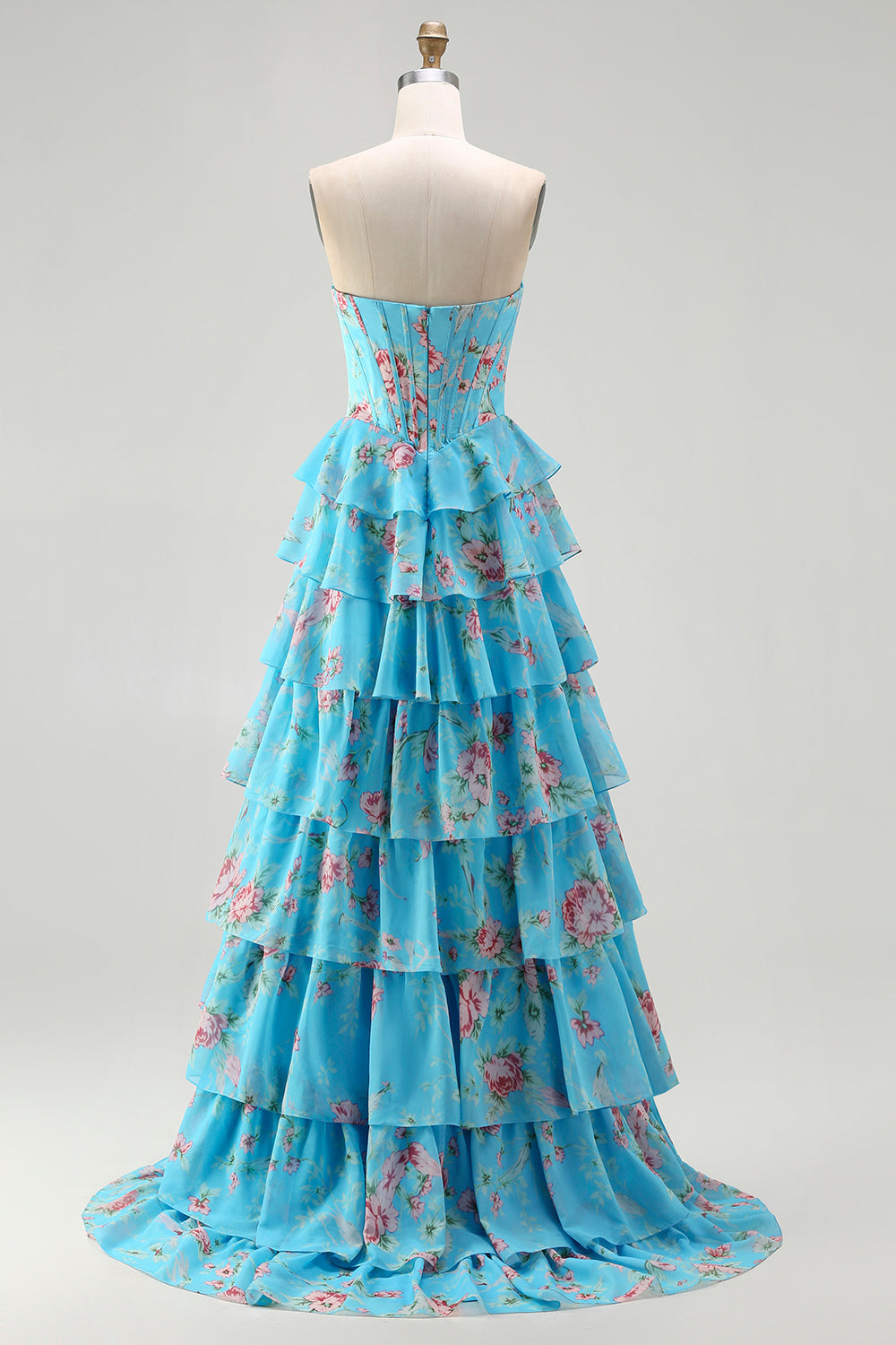 Strapless Sweetheart Rhinestone Beading Floral Print Illusion Corset Tiered Ruffle Chiffon A-Line Prom Dress Side Slit Floor Length