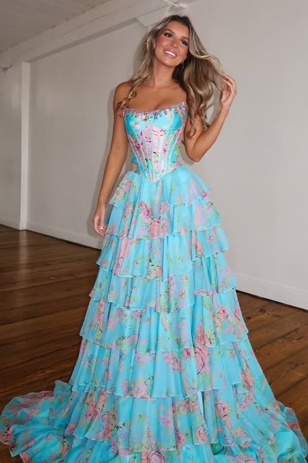 Strapless Sweetheart Rhinestone Beading Floral Print Illusion Corset Tiered Ruffle Chiffon A-Line Prom Dress Side Slit Floor Length