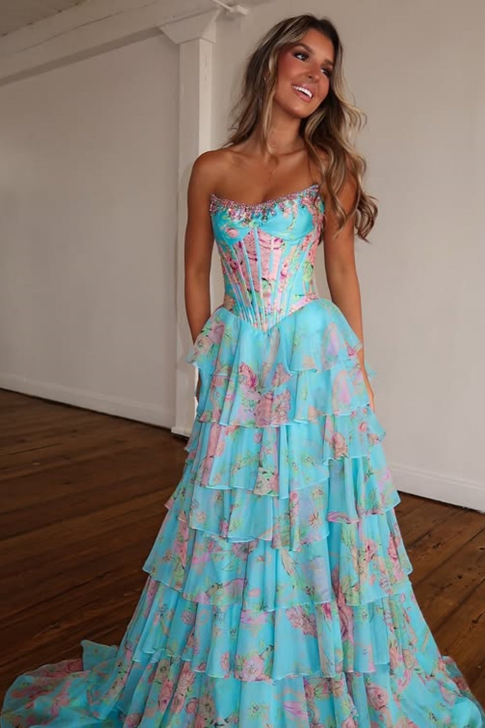 Strapless Sweetheart Rhinestone Beading Floral Print Illusion Corset Tiered Ruffle Chiffon A-Line Prom Dress Side Slit Floor Length