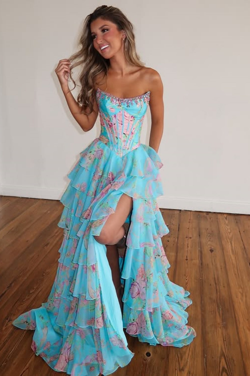 Strapless Sweetheart Rhinestone Beading Floral Print Illusion Corset Tiered Ruffle Chiffon A-Line Prom Dress Side Slit Floor Length