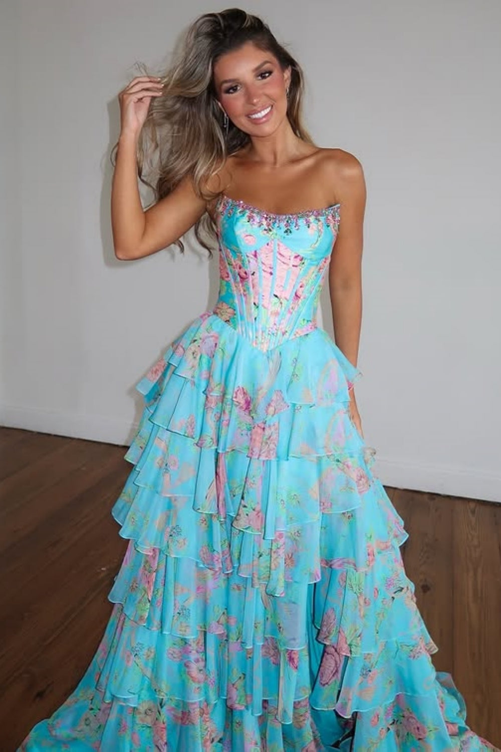 Strapless Sweetheart Rhinestone Beading Floral Print Illusion Corset Tiered Ruffle Chiffon A-Line Prom Dress Side Slit Floor Length