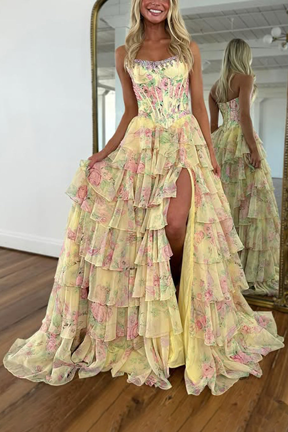 Strapless Sweetheart Rhinestone Beading Floral Print Illusion Corset Tiered Ruffle Chiffon A-Line Prom Dress Side Slit Floor Length