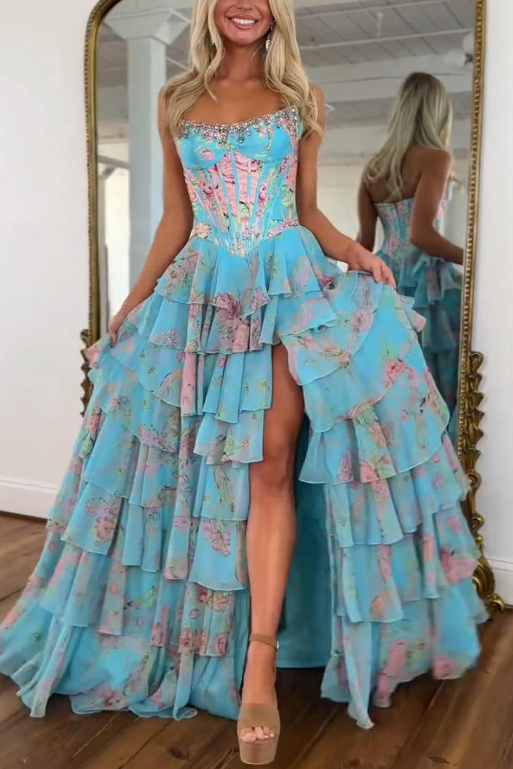 Strapless Sweetheart Rhinestone Beading Floral Print Illusion Corset Tiered Ruffle Chiffon A-Line Prom Dress Side Slit Floor Length