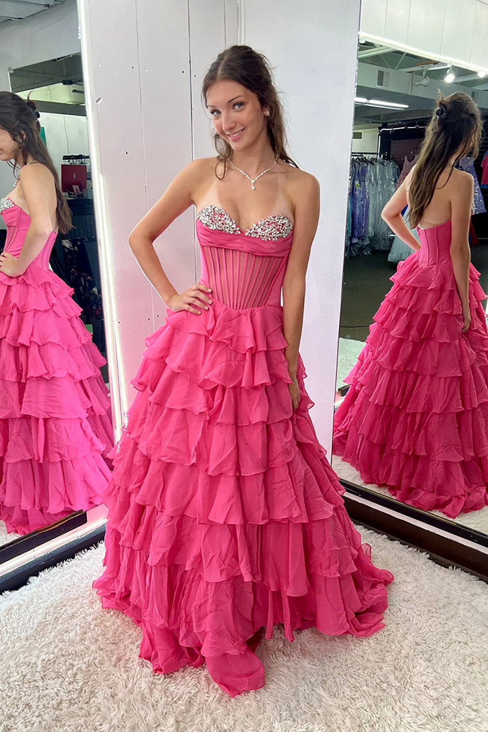 Strapless Sweetheart Rhinestone Beading Illusion Corset Tiered Ruffle Chiffon A-Line Prom Dress Side Slit Floor Length