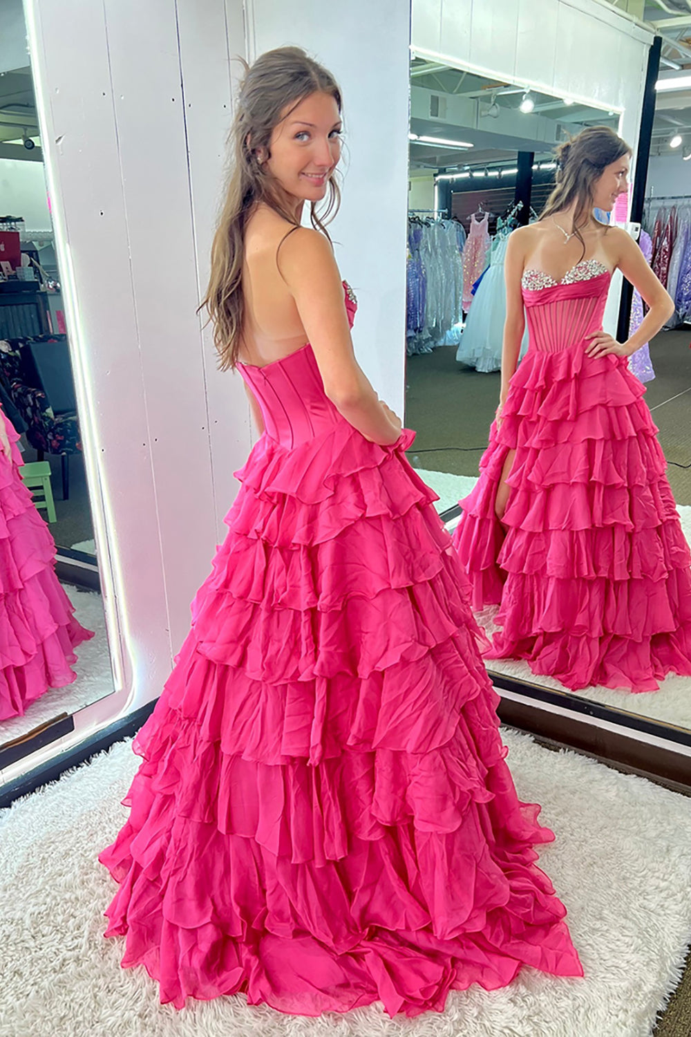 Strapless Sweetheart Rhinestone Beading Illusion Corset Tiered Ruffle Chiffon A-Line Prom Dress Side Slit Floor Length