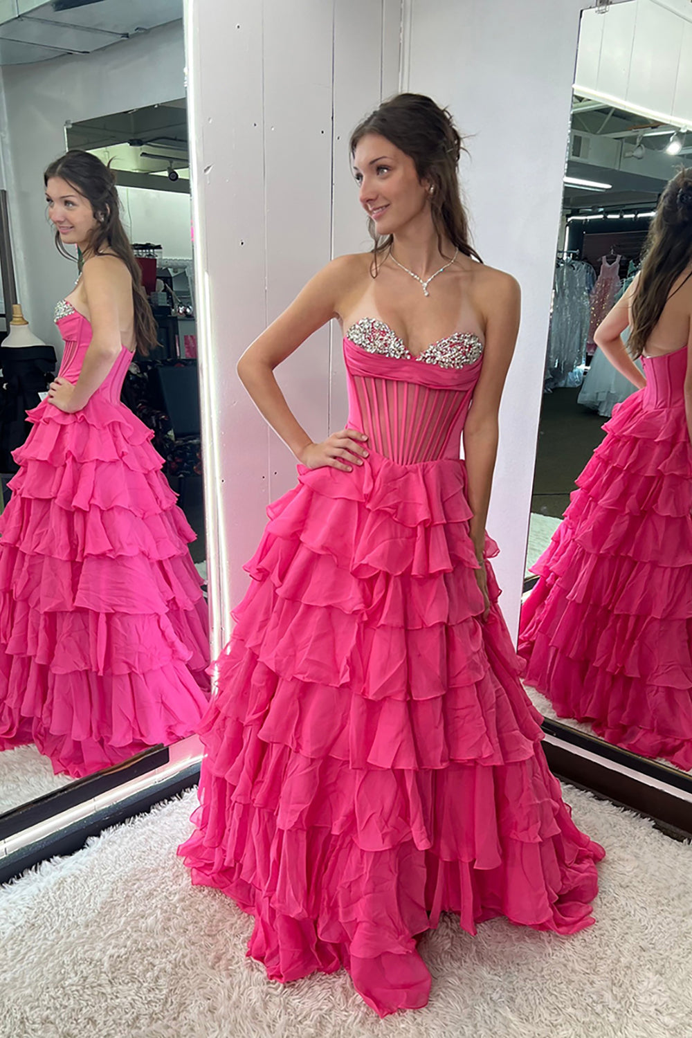 Strapless Sweetheart Rhinestone Beading Illusion Corset Tiered Ruffle Chiffon A-Line Prom Dress Side Slit Floor Length